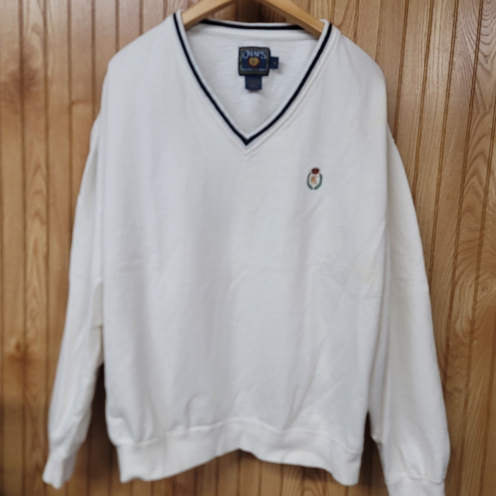 Chaps Ralph Lauren Vintage Retro 90s White V-Neck Sweatshirt XL Ivy League